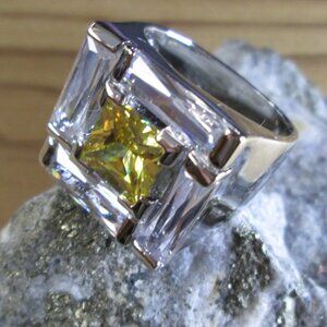 Square Clear and Yellow Ice CZ Statement ring